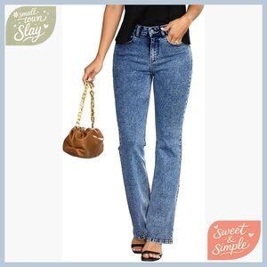 Mid Rise Bootcut Jeans with Stretch, Acid Wash, Flare Leg, Pockets